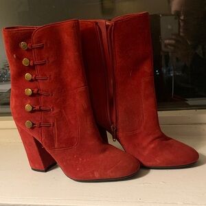 Guess Red Suede Heeled Boots with Gold Buttons